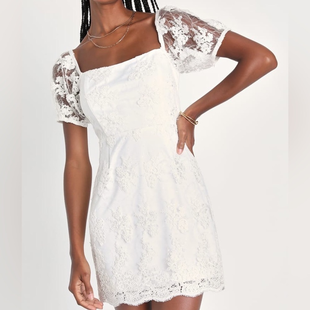 Lulu’s Avid Admiration White Embroidered Sequin Puff Sleeve Mini Dress